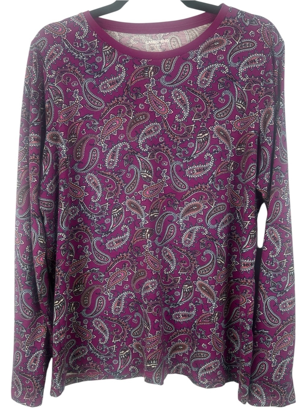 Lands' End Relaxed Fit Paisley Supima Cotton Long Sleeve Large Tee Purple Multi